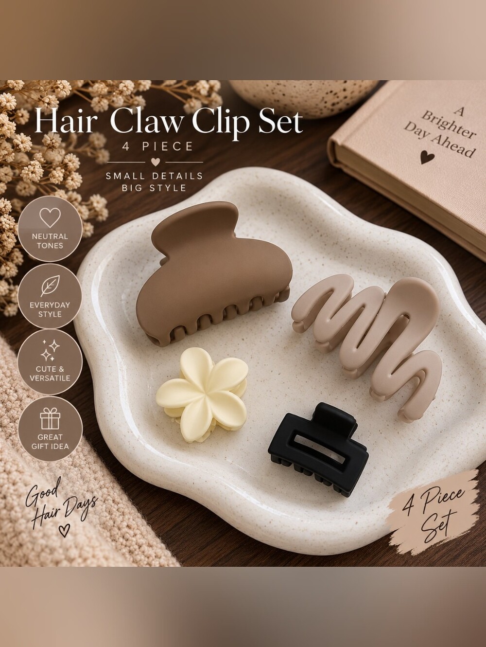 4-Piece Neutral Matte Hair Claw Clip Set - Beige, Brown, Cream, Black New